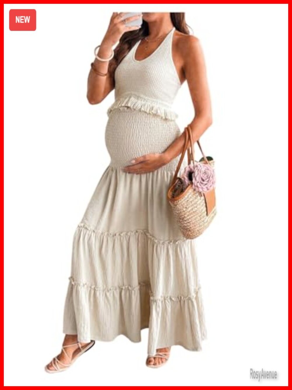 Maternity 2 Piece Skirt Set Crochet Halter Crop Top Tiered Ruffle Skirt
